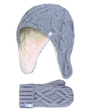 Introducing these cable cosy knitted-like design on hats and mittens for girls! For a much warmer and cosy feel, these Heat Holders matching set of hats and mittens include Heatweaver® insulation which is a plush fur-like thermal lining that maximizes the amount of warm air held close to the skin. Heat Holders use a specially developed thermal yarn provides high performance insulation against cold with superior moisture breathing abilities. Their stretchable construction contours around the natural shape of your body for improved fit, warmth and comfort. These hats feature an adorable pom pom detail on the top of the hat, and the end of the long ear flaps, further providing more warmth and comfort to your child's head. The mittens feature a cosy turn over cuff which enables you to adjust the cuff at the wrists. The cable knit design offers a Winter look which will complete any Winter ensemble! Whether you're looking to keep your daughter warm or look stylish, these cute hat and mittens will do just the job this Winter! Let your child play in snow whilst staying warm in these super soft winter collection. Stock up for the cold season with these lovely Heat Holders warm and mittens for your child. These hat and mittens come in 4 different colours of Frost Grey, Buttercream, Dusty Blue, and Dusky Pink. They are available in ages 3-6 years.