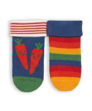 Keep little feet cosy and comfy. This two-pack sock set features a bright rainbow design and a navy option with a veggie inspired intarsia. Oh-so-soft and with turn-down tops, they finish off any outfit and make a great little gift idea too.