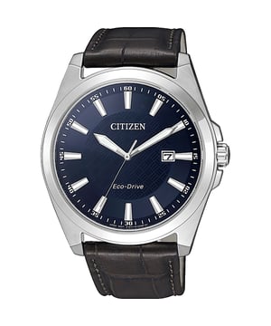 This Citizen  Analogue Watch for Men is the perfect timepiece to wear or to gift. It's Silver 41 mm Round case combined with the comfortable Brown Leather watch band will ensure you enjoy this stunning timepiece without any compromise. Operated by a high quality Eco-Drive movement and water resistant to 10 bars, your watch will keep ticking. This Classic watch has an Eco-drive technology (Recharged by any light source; never needs a battery) - The watch has a Calendar function: Date, Stop Watch, Luminous Hands,Luminous Numbers High quality 21 cm length and 21 mm width Brown Leather strap with a Buckle Case diameter: 41 mm,case thickness: 9 mm, case colour: Silver and dial colour: Blue