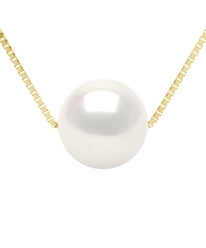 Necklace Real Cultured Freshwater Pearl Round 9-10 mm - COLOR NATURAL PEARL WHITE - PASSING THROUGH - Chain "Venetian" in Yellow Gold 375 - Length 42 cm - Delivered with Certificate of Authenticity and International Guarantee - MADE IN FRANCE -