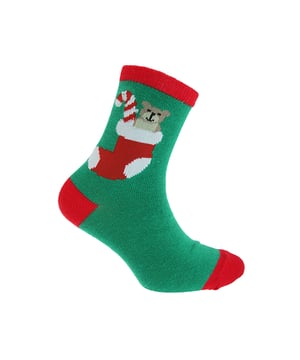 Material: 70% cotton, 28% polyester, 2% elastane. Socks with colourful festive character design. Contrasting heel and cuff.