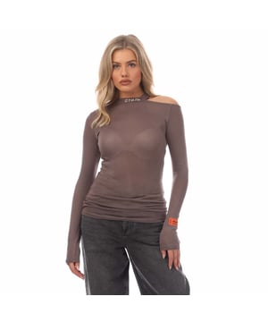 Heron Preston Cut Shoulder CTNMB Crewneck Sweater in grijs - wit.- Mock hals.- Lange mouwen.- Cut shoulder.- Half doorschijnend.- Heron Preston oranje logo patch genaaid op de mouwen.- Slim fit.- 99% Viscose 1% Elastane.- Ref: HWAB024F210901