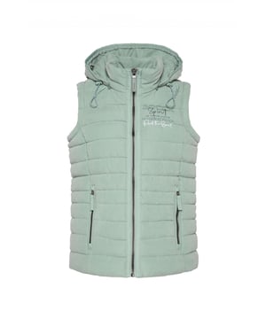 Dit gewatteerde gilet voor dames is een geweldige styling-essential. Het is warm gevoerd en kan op veel verschillende manieren worden gecombineerd. Het gilet sluit met een rits. De capuchon kan worden aangepast met het trekkoord of indien gewenst worden losgeknoopt. Een opstaande kraag biedt extra bescherming tegen kou en wind. De twee zijzakken met ritssluiting kunnen worden gebruikt om kleine spullen in op te bergen of je handen warm te houden. Labelopdrukken op de capuchon en borst ronden het ontwerp af.