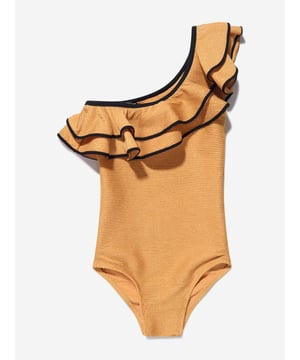 Nessi Byrd embody modern properties in their beautiful luxury resortwear. This girls Eliza swimsuit is reflective of the New York label's passion for vibrant aesthetics with an innovative twist. Crafted in a one-shoulder design with elegant ruffle detailing via a special glittered effect.Elasticated 80% Polyamide 20% Elastane