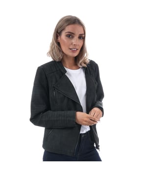 Womens Only Ava Faux Leather Jacket in black.- Faux leather biker jacket.- Asymmetric zip fastening.- Snap fastening at lapels.- Stitch detail at shoulders and sleeves.- Zipped cuffs.- Mock zip detail at chest and above left pocket.- Zipped front pockets.- Fully lined.- Tight fit.- Measurement from shoulder to hem: 21in approximately.- Shell: 50% Polyamide  50% Viscose.  Lining: 100% Polyester.  Machine washable.- Ref: 15102997Measurements are intended for guidance only.