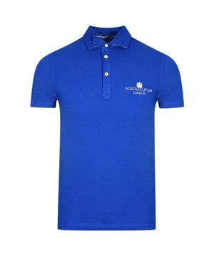 Aquascutum London Bold Logo Blue Polo Shirt. Aquascutum Blue Polo Shirt. Branded Logo, Short Sleeves. Stretch Fit 95% Cotton 5% Elastane. Regular Fit, Fits True To Size. Style Code: QMP041 81