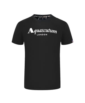 Aquascutum London Brand Logo Black T-Shirt. Feel confident and stylish with the Aquascutum Bold London Logo Black T-Shirt. Made from comfortable materials, this T-Shirt is emblazoned with Aquascutum's London logo and features a classic crew neck and short sleeves. Step out with style and class!. Aquascutum Branded Logo Black tee, Crew Neck, Short Sleeves. 100% Cotton, Regular Fit. Fits True To Size. Style Code: T00323 99