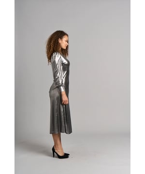 Este favorecedor vestido plateado es perfecto para las fiestas. Enmarcado con escote alto, silueta entallada y manga larga con puño, este vestido es lo último para lucir. La costura curvada acentúa la cintura y la abertura lateral añade un toque de estilo. Combínalo con tus tacones favoritos para tu próxima fiesta.
95% Poliéster 5% Elastano 
Lavar a 40°