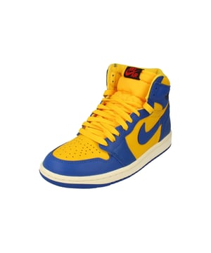 Zapatillas altas retro, zapatos azules, zapatillas altas Nike azules, 100% cuero, Air Jordans, cierre de encaje, zapatillas altas, insignia de la marca en el costado y en la parte delantera del zapato, bloque de color, amarillo/blanco/azul,