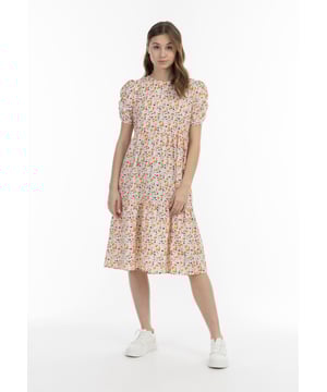 Verspreide bloemen voegen modieuze cool toe aan de jurk van myMo, in contrast met de gelaagde stroming en de pofmouwen met ruches. Gemaakt in Italië, komt dit ontwerp in een los silhouet en een comfortabele stretchstof.