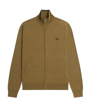Braunes Sweatshirt von Fred Perry, 52 % Wolle, 48 % Baumwolle, elastische Taillen- und Ärmelenden, Reißverschluss, Logo auf der Brust. Braunes Sweatshirt, schlichtes Sweatshirt