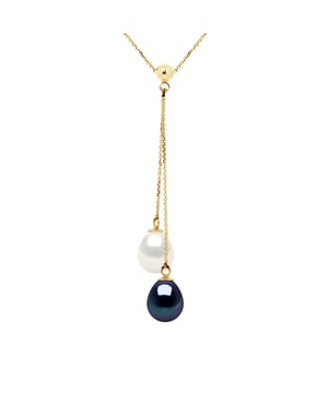 Necklace You & Me - 2 Real gekweekte parels Zoetwater 89mm Pears - COLORI BLACK TAHITI + NATURAL WHITE - Convict Chain Yellow Gold 375 duizendste - Lengte 42 cm (choker) - 2-jaar garantie tegen een defect in de productie - Wordt geleverd in een zaak met een certificaat van echtheid en een internationale garantie - zijn Al onze sieraden gemaakt in Frankrijk.