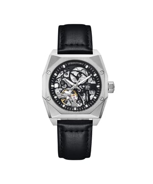 Kast van 316L chirurgisch roestvrij staal, automatisch uurwerk met juwelen, 22 juwelenlagers, gangreserve van 36 uur, slagen per uur (BPH): 21.600/uur, mineraalglas met saffiercoating, skeletkleurige wijzerplaat, kijkachterkant om het uurwerk te bekijken, kroon van roestvrij staal met gegraveerd logo, band van echt leer, sluiting van roestvrij staal met gegraveerd logo, lichtgevende wijzers van Super-LumiNova, lichtgevende markeringen, kastbreedte van 37 mm, polsomtrek van 170-220 mm, waterbestendigheid tot 3 ATM.