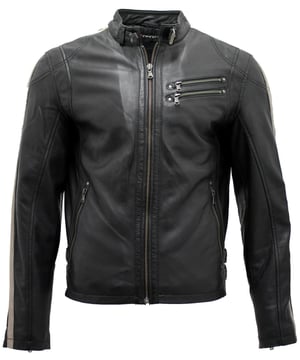 Give your casual look a stylish high octane finish with this Cafe racer jacket. Sumptuously crafted in soft Nappa this slim fitting design boasts a stylish biker silhouette that delivers a cool retro look. This jacket features coloured leather strips across the shoulder and arms resmebling the classic racing look. Also included is a YKK zip fastening up the front to a short tab collar with a buckled strap fastening at the throat and includes two angled zipped pockets at the chest and a further two at the waist.
