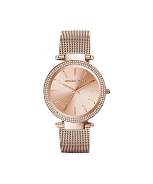 A glamorous style from the Darci collection by Michael Kors MK3369. Comes in an elegant rose gold colour dial with rose gold baton hour markers and slender rose gold hands. This beautiful time piece features a glittering bezel and round dial with a mesh strap. EAN 0796483142077