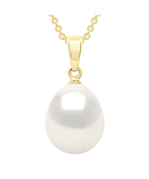 Beaded Pendant Solid Articulated in Yellow Gold 750 and Real Cultured Freshwater Pearl Pear 10-11 mm - COLOR NATURAL PEARL WHITE- Delivered with Certificate of Authenticity and International Guarantee - MADE IN FRANCE - * This Pendant in V shape will be delivered to you in box with a Gold plated chain offered for free