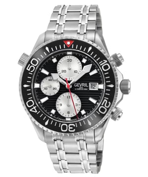 Reloj automático suizo Gevril 48814B para hombres de la colección Hudson Yards Chronograph
Caja de cronógrafo de acero inoxidable satinado y pulido de 43 mm con anillo de cerámica plateado/negro, esfera negra y fecha a las 3 en punto
Bisel giratorio unidireccional, válvula de liberación de helio, marcadores luminosos
Fondo de caja de exhibición, corona roscada
Brazalete de acero inoxidable satinado y pulido 316L con cierre de despliegue con extensión de buceo
Cristal de zafiro antirreflectante
Resistente al agua hasta 300 metros / 30ATM
Movimiento automático suizo SW500