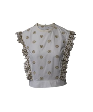 VINTAGE, RRP AS NEW
Seamlessly combining timeless silhouette with romantic and whimsical details, Chloé's AW21 collection features pieces like this broderie anglaise blouse, crafted from crisp cotton and embellished with contrasting floral embroidery. Cut for a cropped length, this sleeveless number has scalloped edges and fastens at the rear with a concealed zip.

Chloe Broderie Anglaise Crop Top in White Cotton
Color: white
Size: FR36
Material:  Cotton
Condition: excellent
Sign of wear: No
SKU: 242699