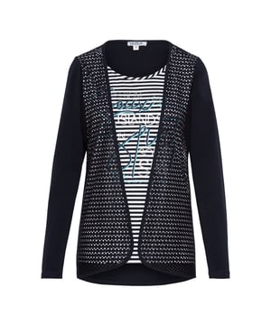 Dit shirt met lange mouwen van SOCCX creëert een optische illusie. Wat lijkt op een gestreepte top met een open jasje eroverheen, is eigenlijk een shirt met lange mouwen. Het mesh jasje is aan de voorkant vastgemaakt en laat de labelprint met glittersteentjes perfect uitkomen.