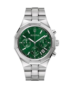 This Bulova Precisionist Chronograph Watch for Men is the perfect timepiece to wear or to gift. It's Silver 44 mm Round case combined with the comfortable Silver Stainless steel watch band will ensure you enjoy this stunning timepiece without any compromise. Operated by a high quality Quartz movement and water resistant to 10 bars, your watch will keep ticking. This watch is suitable for every occasion,whether you are at work, leisure or at the banquet and so on. This Chronograph watch has a calendar function: Date , Stop Watch , Luminous Hands , Luminous Numbers and Tachymeter High quality 21 cm length and 24 mm width Silver Stainless steel strap with a Fold over with push button clasp Case diameter: 44 mm,case thickness: 11 mm, case colour: Silver and dial colour: Green