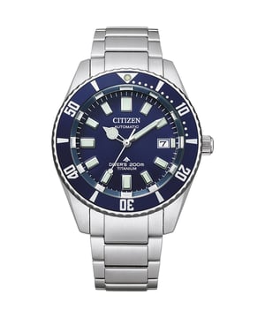 This Citizen Promaster Diver Analogue Watch for Men is the perfect timepiece to wear or to gift. It's Silver 41 mm Round case combined with the comfortable Silver Titanium watch band will ensure you enjoy this stunning timepiece without any compromise. Operated by a high quality Automatic movement and water resistant to 20 bars, your watch will keep ticking. This watch has an automatic watch movement ( recharged by any movement with your wrist; never needs a battery) -The watch has a calendar function: Date, Luminous Hands, Luminous Numbers High quality 21 cm length and 21 mm width Silver Titanium strap with a Fold over with push button clasp Case diameter: 41 mm,case thickness: 12 mm, case colour: Silver and dial colour: Blue