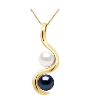Anhänger You & Me – 2 echte Süßwasser-Zuchtperlen rund 7–8 mm – FARBE NATURAL PEARL WHITE & BLACK TAHITIAN STYLE – Gelbgold 375 – Lieferung mit Echtheitszertifikat und internationaler Garantie – HERGESTELLT IN FRANKREICH – * Dieser Anhänger in Die V-Form wird Ihnen in einer Box mit einer kostenlos angebotenen vergoldeten Kette geliefert