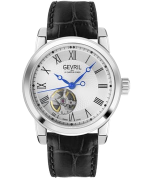 Como un traje fino o un whisky suave, la colección Madison de Gevril demuestra que lo directo y sofisticado siempre gana. Al igual que la propia Madison Avenue, el lujo prevalece en la elegante caja redonda de acero inoxidable de 39 mm con fondo de exhibición. Ya sea en cuero italiano o brazalete de acero inoxidable con hebilla de despliegue, el hombre Madison es audaz, autoritario y decidido. La edición limitada con ventana de corazón abierto destaca el potente movimiento automático suizo Ruben & Sons de Gevril debajo del cristal de zafiro antirreflectante. La construcción de precisión está lista para la resistencia al agua de hasta 50 metros. Perfecto para el verdadero hombre de negocios loco, la colección Madison exige atención.

Reloj automático suizo Gevril para hombres de la colección Madison

Caja redonda de acero inoxidable de 39 mm con esfera plateada y fondo de exhibición
Ventana de corazón abierto - edición limitada
Corona roscada
Correa auténtica de cuero italiano negro con hebilla de tang
Cristal de zafiro antirreflectante
Resistente al agua hasta 50 metros/5ATM
Movimiento automático suizo