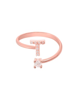 Design:This simple but beautifully styled initial letter ring is perfect for those who covet delicate jewellery with a hint of sparkle offering a sophisticated finishing touch to any outfit.Pretty and petite, this initial ring features an open band, which allows for slight adjustability with sizing. The opening is designed to be on top of your finger, where your zircon adorned monogram is on one side and a single larger cubic zirconia resides on the other.What can be more personal than a name? Give this initial ring as the perfect personalised birthday gift.This ring is made as an average size 6 (M) with a small amount of flexibility, that can easily be squeezed or opened very gently, to allow for a better fit.This ring looks great stacked with other rings.  Materials:Handcrafted using 925 sterling silver, dipped in 22ct rose gold. White cubic zirconia.Style Notes:Personalised birthday gift ideas. Bridesmaid gifts. Simple everyday styling.Dimensions:One size only (average size 6 (M) with slight flexibility)Packaging:This item is presented in a Latelita London signature jewellery box.Care Instructions:To maintain your jewellery, wipe gently with a damp cloth that is soft and clean. Do not soak in water. Avoid contact with soaps, detergents, perfume or hair spray.