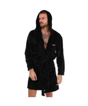 Mens NICCE Kuzner Dressing Gown in black.- Hooded.- Two pockets.- Tie belt. - Longline style.- 100% Polyester.- Ref: NCKUZNER