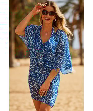 REASONS TO BUY:

For the beach and beyond
Standout fleck print
Flattering V-neck tie waist and kimono sleeves
Keep-you-cool lightweight fabric
Throw it over the matching bikini
Dress it up with jewellery and luxe sandals