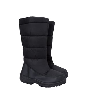 Upper: Durable, Textile, Water Resistant. Lining: Fleece, Insulating, Sherpa, Textile. Outsole: Synthetic. Fabric Technology: Snowproof. Flat Heel. Cut: Mid Calf. Design: Logo, Quilted. Toe Style: Round. Fastening: Side Zip, Slip-on.