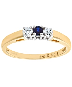 9K (375) geel goud: 1,9 gram; # Diamant: 0,15 ct; # Saffier: 0,15 ct