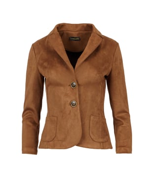 This brown jacket is crafted in alcantara-look fabric. It has 3/4 sleeves and a collar with lapel. It fastens in the front with 2 big natural buttons in shades of brown. There are 2 small patch pockets in the front. Darts at the bust and vertical seams in the front and the back ensure the perfect fit.  The jacket has a fitted silhouette. Measurements for size 38 (in cm): Bust-45; Body length-58; Waist-40; Shoulder width-42; Hemline-47; Sleeve length-52.