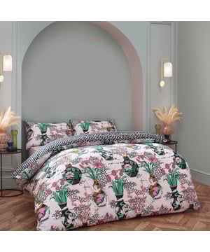 Inspired by Japanese geometric patterns, the injections of colour from the flowers and vases alongside the contrasting geometric monochrome design create a striking and fantastic centrepiece for your bedroom.