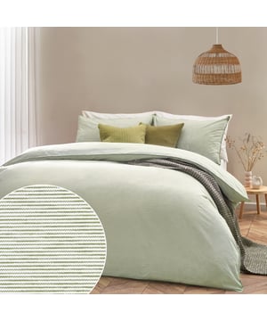 Minimalist yet modern, the Heaton Stripe duvet cover set is ideal for those who adore the relaxed-living aesthetic. Featuring a subtly textured, striped design, this 100% tumbled cotton bedding is complete with twin-needle stitch edging. Crafted from ultra-cosy, breathable fabric, this duvet set will become much softer with every wash! This product is certified by OEKO-TEX® MADE IN GREEN showing it has been sustainably made.