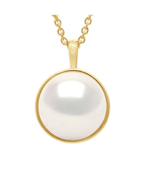 Halskette mit Perlenanhänger, Gelbgold-Umrandung, glatt – Knopf aus echten Süßwasser-Zuchtperlen, 10–11 mm – Farbe Naturweiß – Kette aus Forçat-Gelbgold – Länge 42 cm – Lieferung mit Echtheitszertifikat und internationaler Garantie –