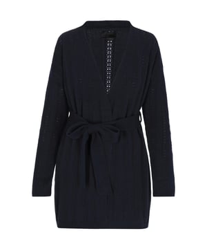 Dieser stilvolle und vielseitige Neuzugang für Ihre Garderobe besticht durch ein strukturiertes Strickmuster mit V-Ausschnitt und offenem Frontdesign. Mit dem passenden Gürtel können Sie dieses gemütliche Stück verschließen – perfekt, um Ihrem Alltagslook Wärme und Komfort zu verleihen. Die gerippte Textur entlang des Saums, der Manschetten und der Vorderkanten verleiht diesem lässigen, aber schicken Kleidungsstück zusätzliche Struktur.  Cardigan