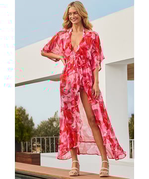 REASONS TO BUY:

Make space in your suitcase
Crafted from gorgeous floaty fabric
Throw-on kaftan style
Tie detail to cinch your waist
Mood-boosting floral print
Throw over swimwear for al fresco lunches