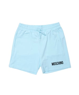 Boys Moschino Logo Print Shorts in light blue.- Elasticated waistband.- Two side pockets.- Moschino logo.- Regular fit.- 95% Cotton  5% Elastane.- Ref: HQQ002LB041020