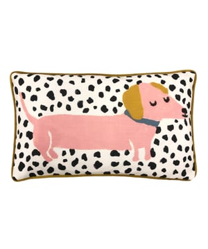 This fun, playful cushion is the perfect choice for all the Sausage Dog lovers out there, featuring a hand painted Sauasage Dog design over a black and white Dalmatian spot. Complete with piped edging and soft velvet reverse. Coordinate with the Woofers Duvet Cover Set.