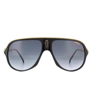 Unisex brýle Carrera Aviator Black Dark Grey Gradient Safari65/N mají plnou obroučku s čočkami ve tvaru slzy a lehkou plastovou přední část obroučky s nápisem Carrera C na můstku. Na štíhlých spáncích je vyryto textové logo Carrera pro zachování autenticity značky.