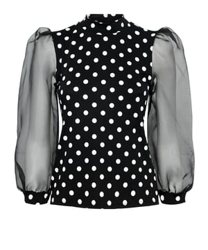 Organza steals the show with this black spot top.  With a semi fitted stretch body and stunning organza 3/4 length puff sleeves.  This blouse will take you from day to evening with ease.
Fit: Slim, Sizing: As expected.