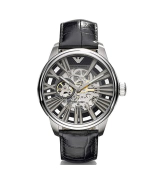 Schicke Armani-Herrenuhr mit mechanischem Skelettdesign, wasserdicht bis 50 m, mit schwarzem Lederarmband und 43 mm Breite.