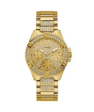 Make a bold statement with the GUESS W1156L2 Women's Watch, an eye-catching timepiece that blends functionality with a luxe aesthetic. This dazzling watch boasts a gold-tone dial adorned with sparkling crystals around the bezel and on the bracelet. Practical features include day, date, and 24-hour sub-dials, all encompassed in a durable stainless steel case and bracelet. Perfect for those who love a little shine, it's a standout accessory that doesn't compromise on performance. Specification Details Brand GUESS Model W1156L2 Barcode Number 091661488092 Gender Women's Case Diameter 38 mm Case Material Stainless Steel Case Colour Gold Dial Colour Gold Band Material Stainless Steel Band Colour Gold Movement Quartz Water Resistance 5 ATM Features Crystals, Day/Date/24-hour Sub-Dials, Mineral Glass