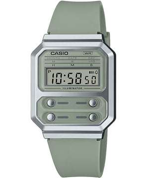This Casio Casio Collection Vintage Digital Watch for Unisex is the perfect timepiece to wear or to gift. It's Silver  Rectangular case combined with the comfortable Green Plastic watch band will ensure you enjoy this stunning timepiece without any compromise. Operated by a high quality Quartz movement and water resistant to 3 bars, your watch will keep ticking. This trendy Digital watch is a perfect gift for New Year, birthday,valentine's day and so on -The watch has a calendar function: Day-Date, Stop Watch, Alarm and Light High quality 21 cm length and 20 mm width Green Plastic strap with a Buckle Case measurement: 32X 40 mm,case thickness: 9 mm, case colour: Silver and dial colour: Green