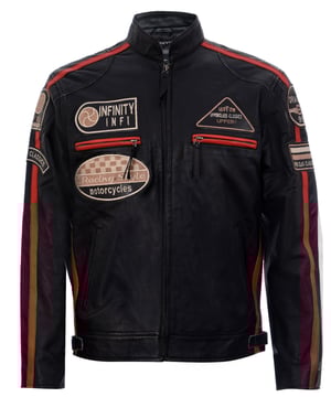 Imbued with a classic biker spirit, this modern classic jacket epitomizes the racing spirit with embroidered badges and contrasting twin stripes and is finished in a soft luxurious Nappa leather. For added practicality there are 2 zipped chest pockets, 2 pockets on the body. To help provide a more customised fit the waist can be adjusted. This garment is practical, durable and is suitable for any occassion and will be the perfect addition to your wardrobe.