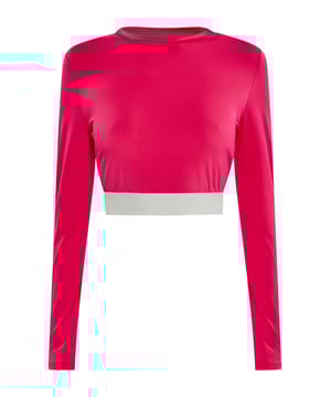 Creëer een sportieve en athleisure-look met deze elastische crop top met lange mouwen. Het aansluitende silhouet en de elastische gebreide stof bieden comfort en flexibiliteit voor uw actieve levensstijl. Deze lange mouw heeft een ronde halslijn met fijne ribboorden en is perfect voor casual of atletische kleding. Het kortere ontwerp is ideaal voor yogasessies of dagelijkse activiteiten en voegt een trendy tintje toe aan je garderobe.  Longsleeve