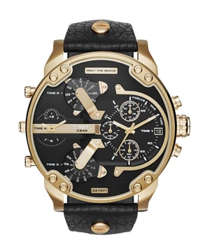 Diesel DZ7371 DADDY 2.0 watch. Oversized watch has a stainless steel case and is fitted with an analogue chronograph quartz movement. It is complete with a genuine leather strap and has a black dial. EAN 0698615111510