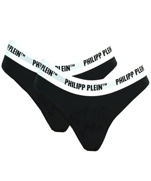 Philipp Plein set van twee zwarte ondergoedstrings. Philipp Plein zwarte string. Stretch pasvorm 95% katoen, 5% elastaan. Twee pak. Plein-branding op de tailleband. Stijl - DUPP01 99