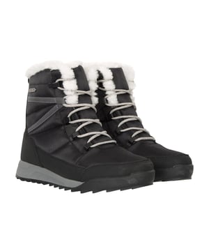 Upper: Synthetic. Lining: Sherpa Fleece. Outsole: High Traction. 5 Eyelets. Fabric Technology: Durable, IsoDry, Lightweight, Snowproof. Faux Fur Trim. Flat. Cut: Mid Cut. Design: Contrast Detail, Text. Toe Style: Round. Fastening: Bungee Cord.